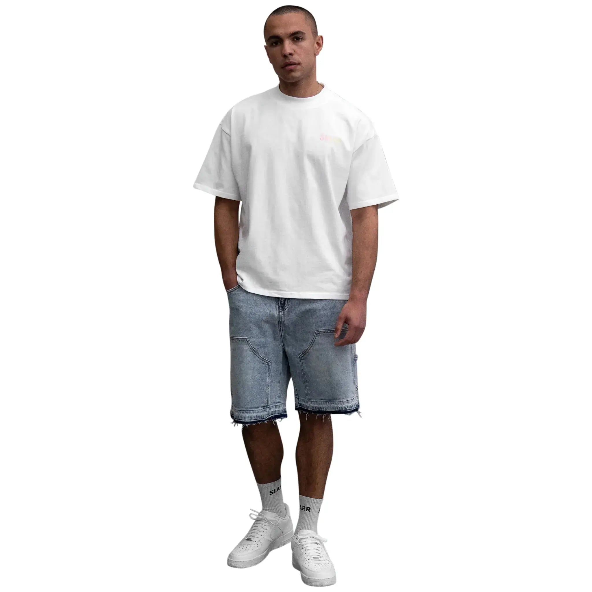 Model front view of SIARR Carpenter Shorts Blue